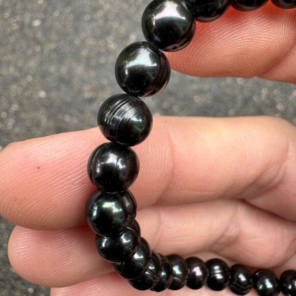 Vintage Honora Black Freshwater Pearl Stretch Bracelet, Round Ringed Iridescent - Picture 10 of 10